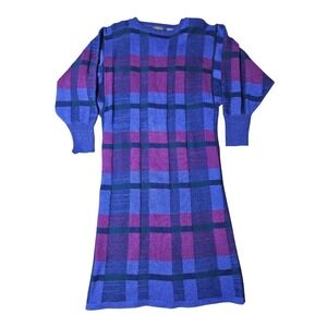 Vintages 70s 80s EPITOME Sweater Dress 100% Wool Colorful Block Plaid MEDIUM